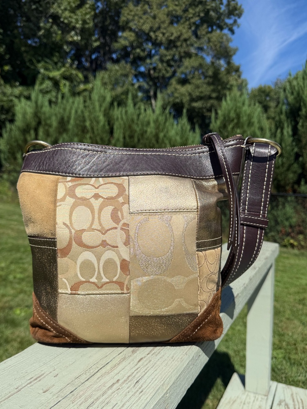 Vintage Y2K Coach Signature Patchwork Gold Brown Hobo Crossbody Bag - Picture 2 of 15
